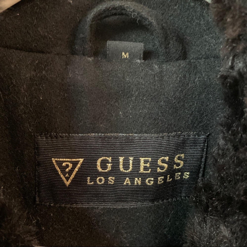 Black faux fur asymmetric moto jacket style wool winter coat overcoat - Picture 5 of 11